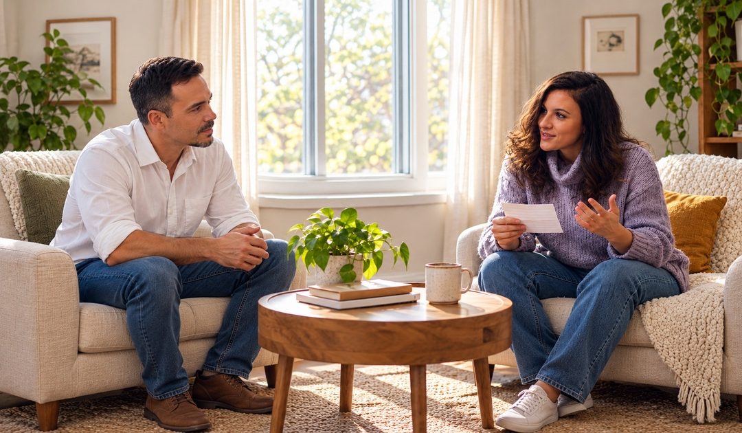 A woman in a lavender sweater speaks with her partner while they sit facing each other in a living room.