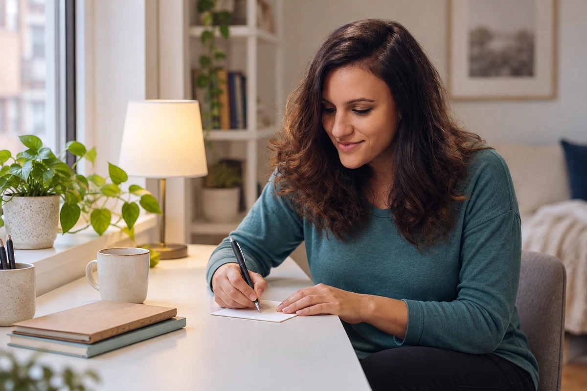 Woman writing a specific request on a card at a small desk