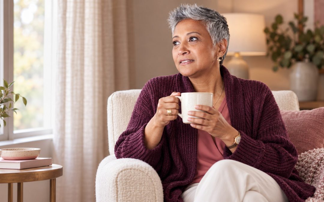 Woman sitting in a cream armchair and holding a mug beside a window.